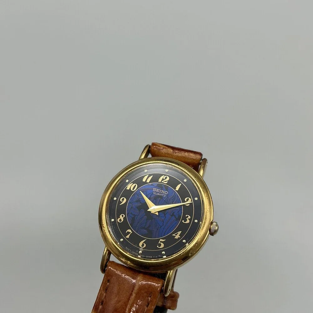 Vintage Seiko Womens Watch 26mm Blue Floral Dial Leather 1N00-0059 New Battery